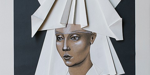 Vania Eleettra Tam - Origami Clitoridei -  falena - 2016 - 70x50 cm - tecnica mista su carta incollata su tela